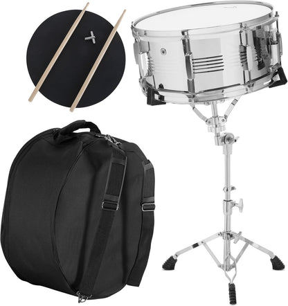 Snare Drum Starterset – Snaredrum – Drumstel Starterset – Oefenset – Percussieset – 14 x 6,5 Inch Metalen Snare – 14 Inch Oefenpad