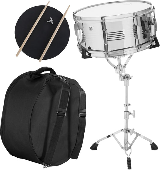 Snare Drum Starterset – Snaredrum – Drumstel Starterset – Oefenset – Percussieset – 14 x 6,5 Inch Metalen Snare – 14 Inch Oefenpad