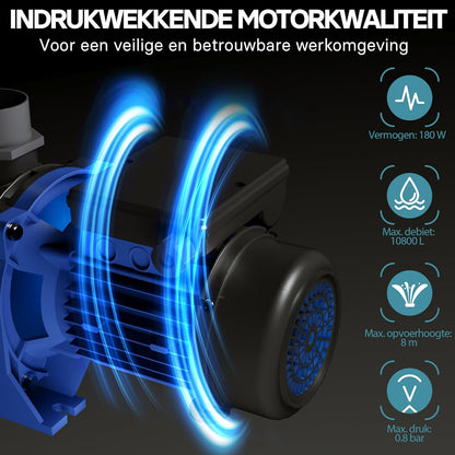 Wiltec zwembadpomp 180 W, poolpomp met een debiet van 10800 l/h, filterpomp voor zwembad met opvoerhoogte van 8 meter, circulatiepomp voor waterfilter in pools