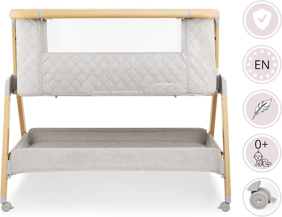 Moby-System, Dreemy 3-in-1 opklapbed, voor kinderen tot 9 kg, 7-traps hoogteverstelling, 4 transportwielen, afneembare zijwand, plank onder het bed