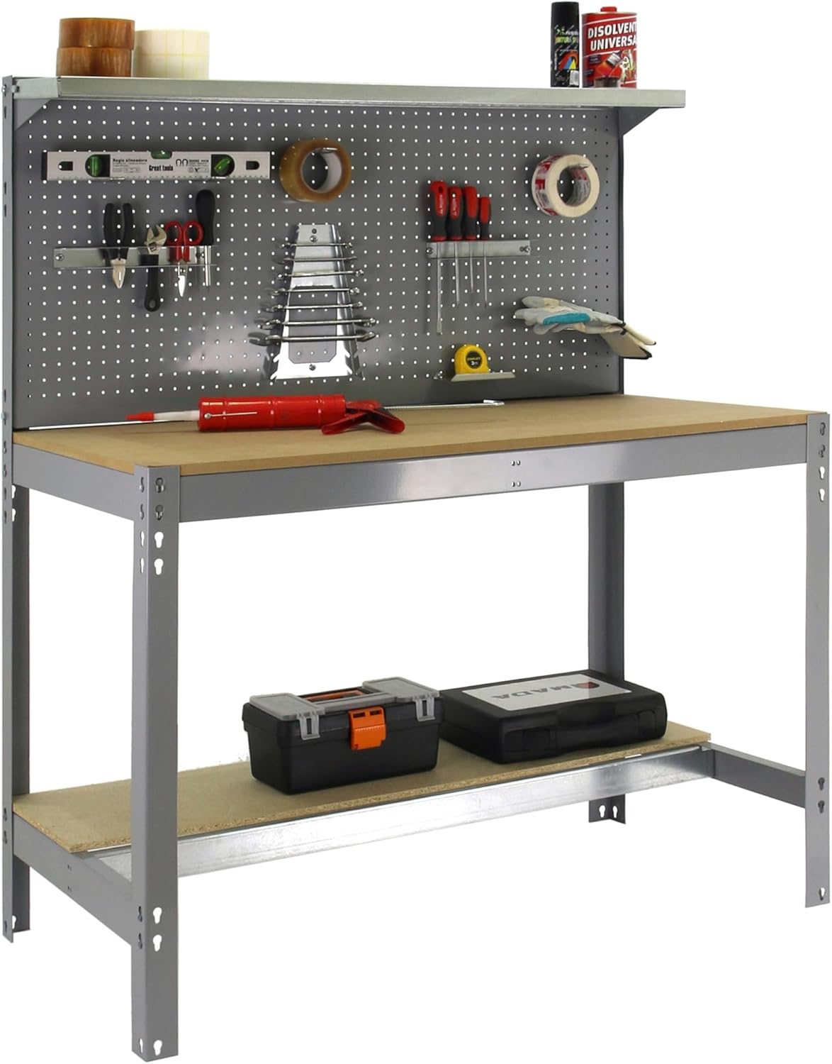 Simon Rack Sterke Werkbank met Bovenplank en Geperforeerd Paneel, 1445x910x610 mm, 400 kg Draagvermogen, Metalen Frame en Houten Werkblad, Compleet voor Werkplaats, Grijs/Hout – BT3