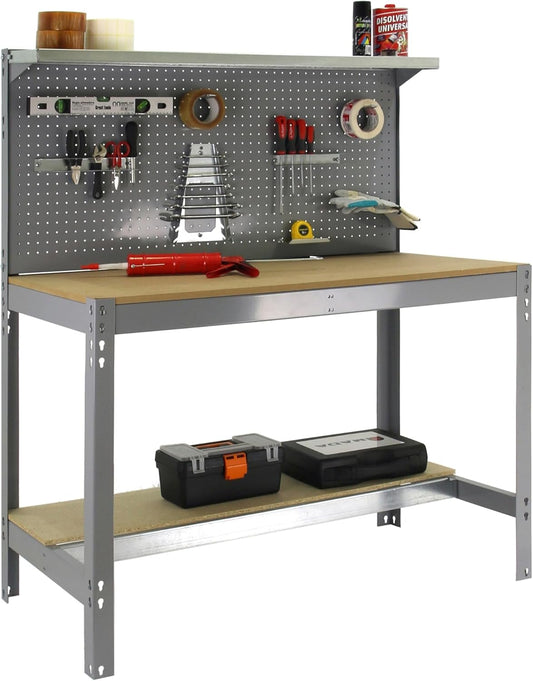 Simon Rack Sterke Werkbank met Bovenplank en Geperforeerd Paneel, 1445x910x610 mm, 400 kg Draagvermogen, Metalen Frame en Houten Werkblad, Compleet voor Werkplaats, Grijs/Hout – BT3