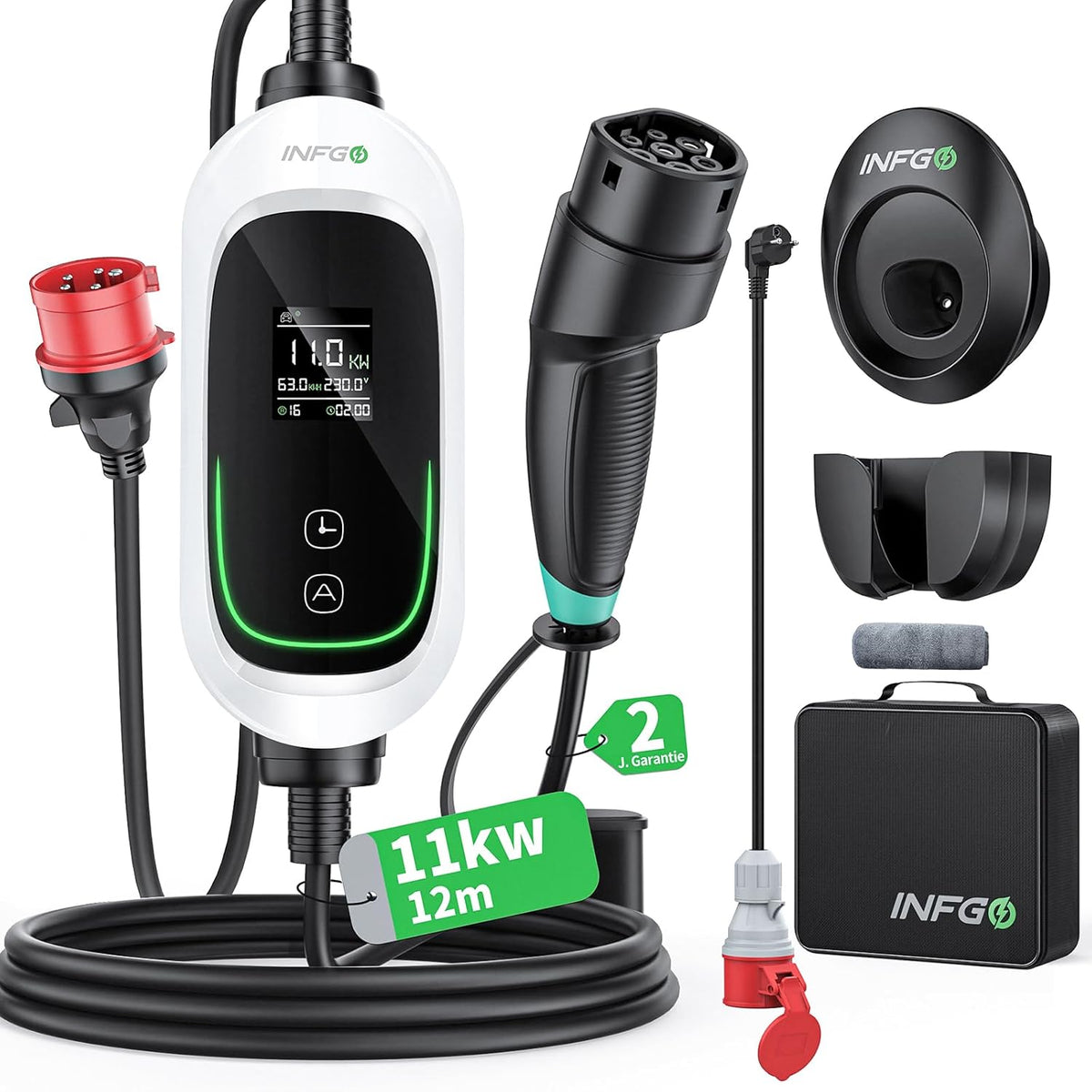 Mobiele Wallbox 11 kW [3-fasig, 12 m, 6-16 A], EV oplader met instelbaar laadvermogen en timerfunctie, type 2 oplaadkabel CEE-stekker voor model Y/3, ID.3, i4, EQB, e-tron enz., wit