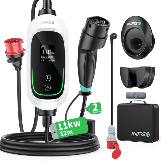 Mobiele Wallbox 11 kW [3-fasig, 12 m, 6-16 A], EV oplader met instelbaar laadvermogen en timerfunctie, type 2 oplaadkabel CEE-stekker voor model Y/3, ID.3, i4, EQB, e-tron enz., wit