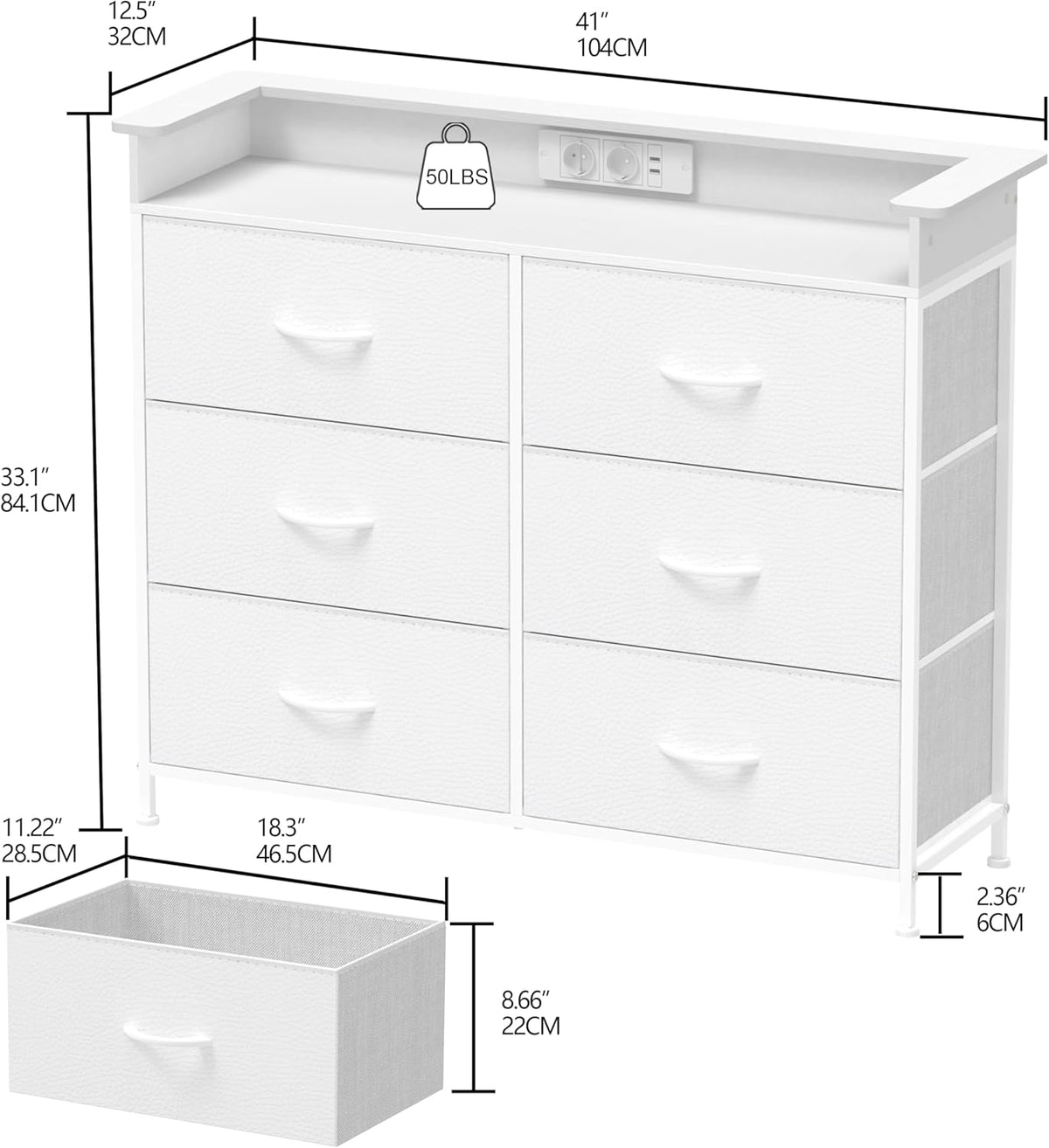 VEDECASA Commode met 6 laden en LED-verlichting. Dressoir met 2 USB-poorten & 2 stopcontacten. Opbergtoren met kast voor slaapkamer, woonkamer en hal, metalen frame, houten plaat