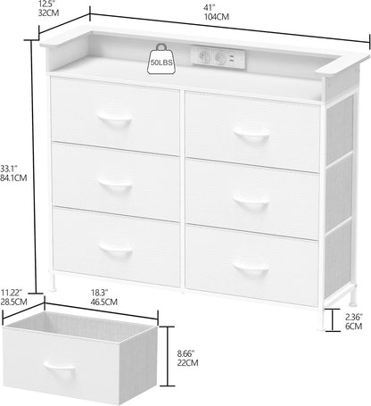 VEDECASA Commode met 6 laden en LED-verlichting. Dressoir met 2 USB-poorten & 2 stopcontacten. Opbergtoren met kast voor slaapkamer, woonkamer en hal, metalen frame, houten plaat