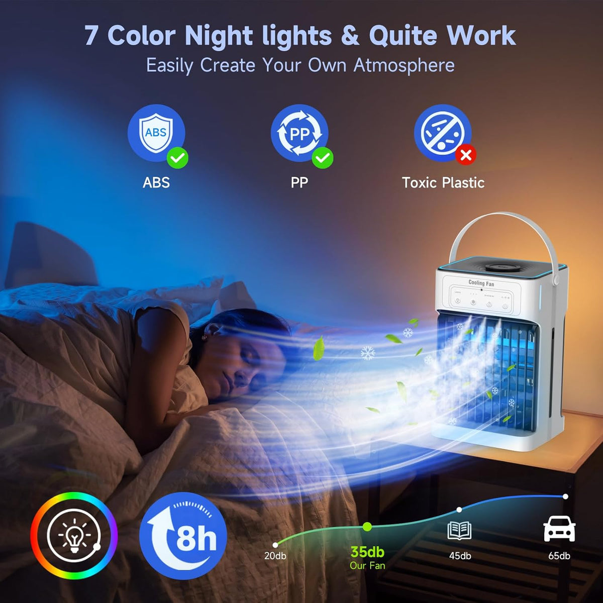 Mobiele Airco - Draagbare Airconditioning - Mini-Airconditioning - 1100ml - met Waterkoeling - 3 Luchtsnelheden - 3 Koelnevel - 2-8 uur Timer - 7 LEDS - voor Kamers - 17 x 15 x 27 cm - Wit/ Zwart - QUORE