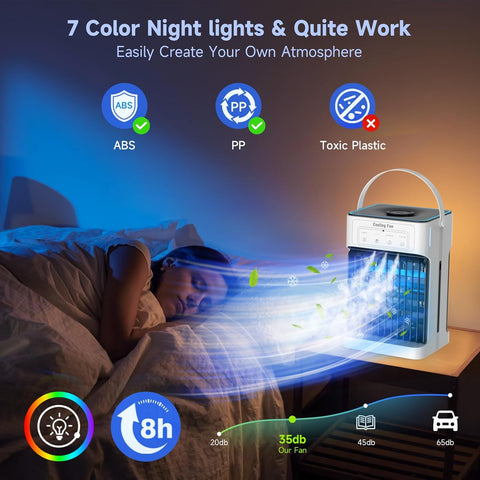 Mobiele Airco - Draagbare Airconditioning - Mini-Airconditioning - 1100ml - met Waterkoeling - 3 Luchtsnelheden - 3 Koelnevel - 2-8 uur Timer - 7 LEDS - voor Kamers - 17 x 15 x 27 cm - Wit/ Zwart