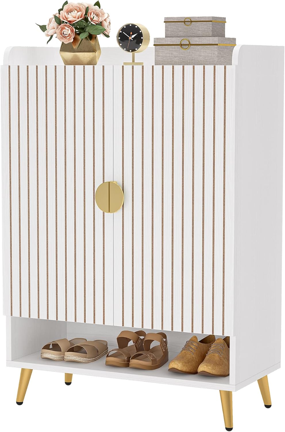 Tribesigns Narrow Shoe Cabinet with 2 Doors, 7 Levels for 25 Pairs, White, 75 x 37 x 110 cm, with Gold Metal Frame, for Entrance, Living Room, Hallway