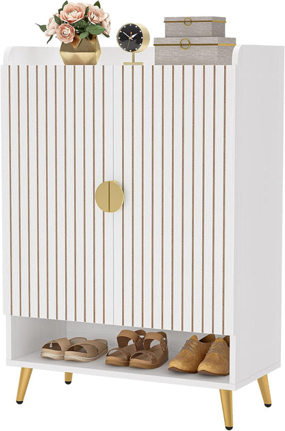 Tribesigns Narrow Shoe Cabinet with 2 Doors, 7 Levels for 25 Pairs, White, 75 x 37 x 110 cm, with Gold Metal Frame, for Entrance, Living Room, Hallway
