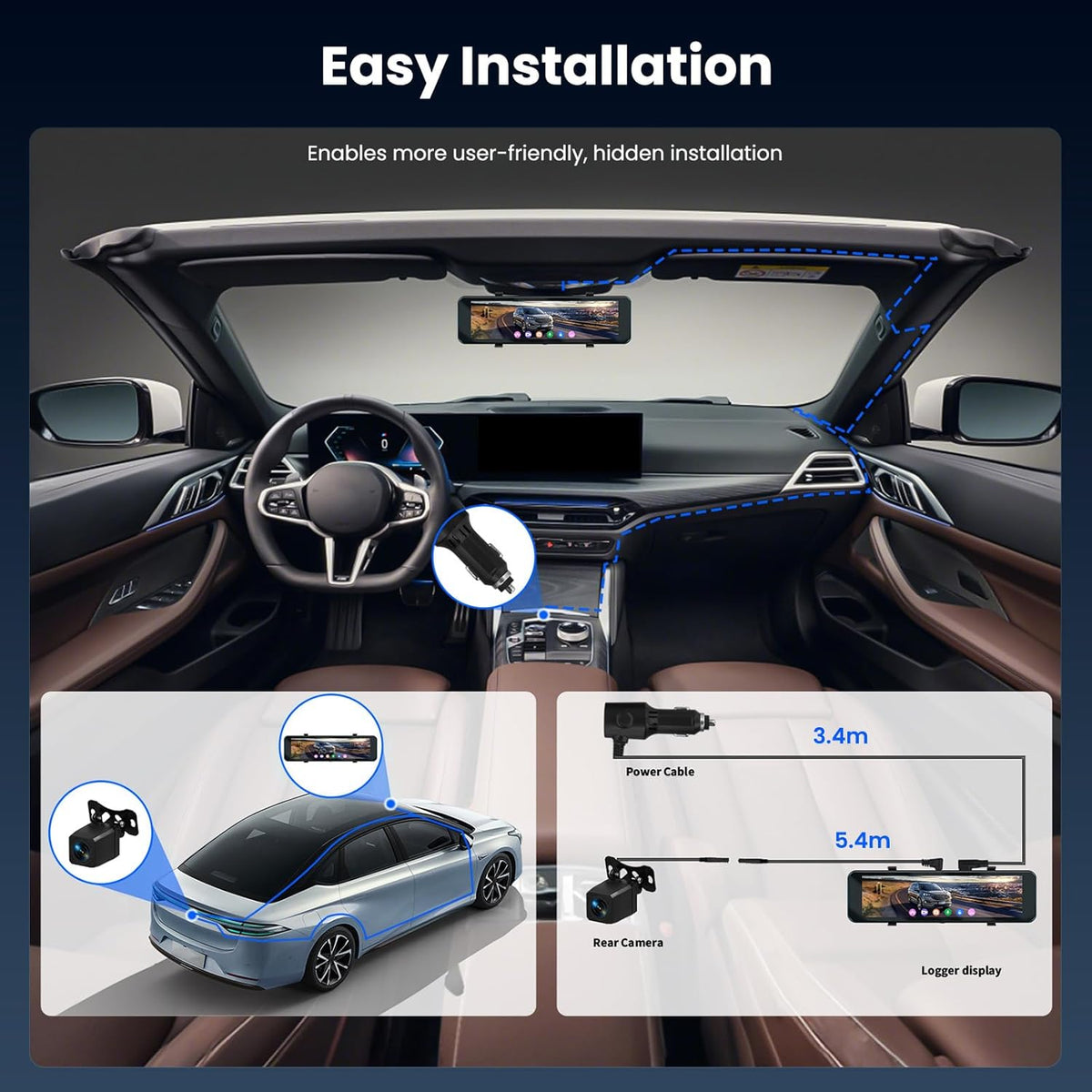 Dashcam – Autocamera, Spiegeldashcam, Auto Camera, Dashcam Auto – Achteruitkijkspiegel Model – 10,1 Inch Touchscreen – 4K Voor En 1080p Achter