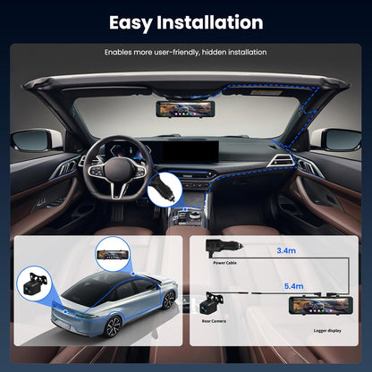 Dashcam – Autocamera, Spiegeldashcam, Auto Camera, Dashcam Auto – Achteruitkijkspiegel Model – 10,1 Inch Touchscreen – 4K Voor En 1080p Achter