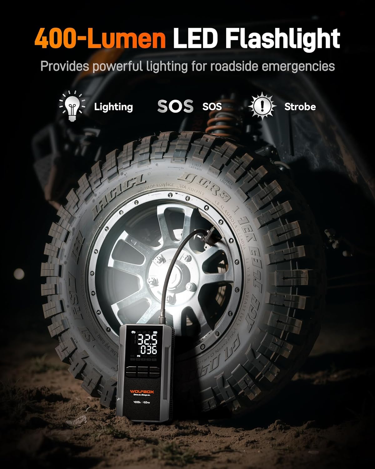 WOLFBOX 4000A Jump Starter met 160PSI luchtcompressor, 12V auto-accubooster, 65W snel opladen, 24000mAh draagbare bandenpomp, LED-display voor 10L gas- en 10L-dieselmotoren, LED-licht, jumperkabels