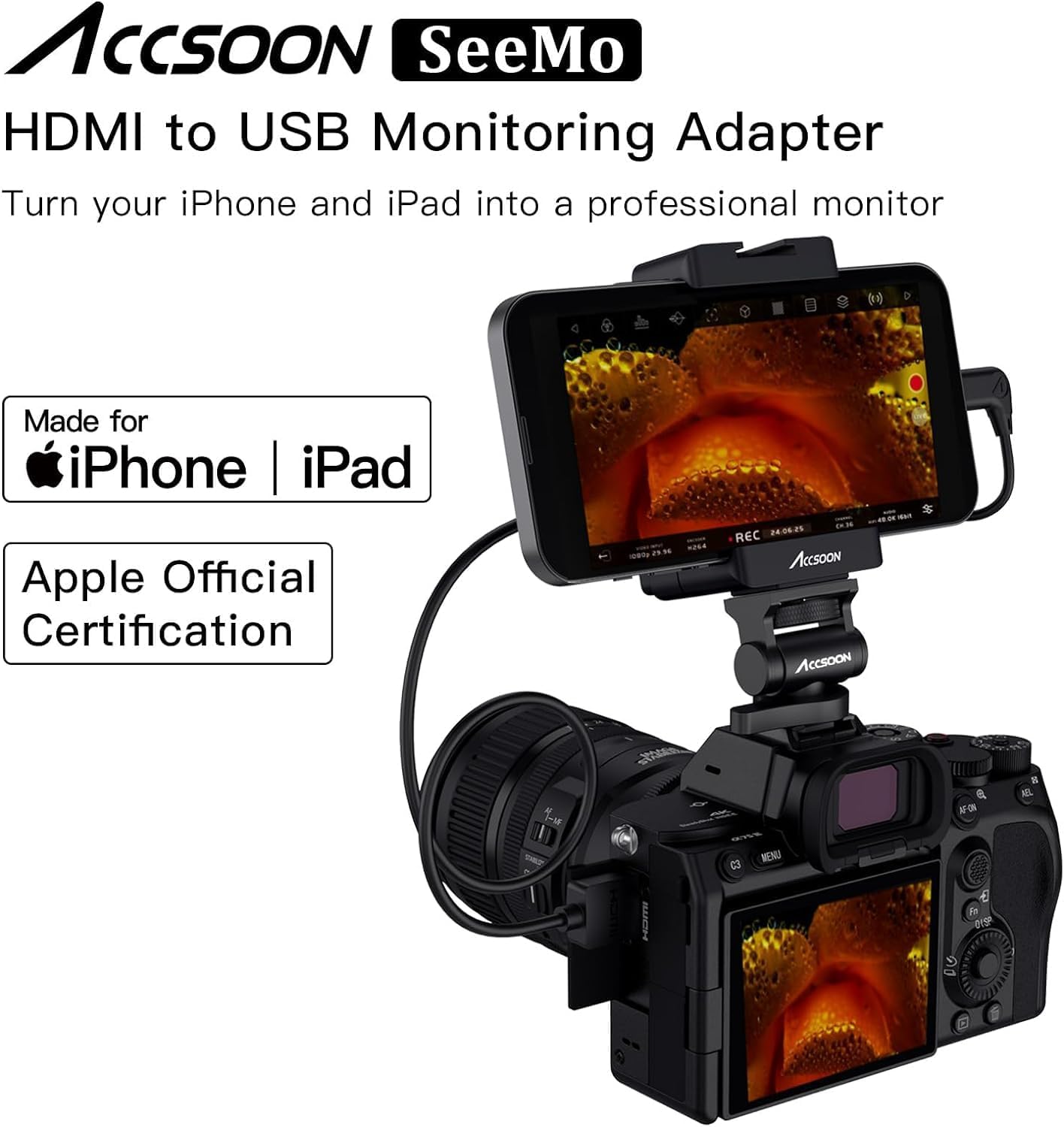 Accsoon SeeMo HDMI naar USB C Video Capture Adapter voor iPhone en, ondersteunt 1080P 60FPS Video & Real-time bewaking/streaming/opname meiOS 12.0 voor latere iPhone instelbaar-zwart