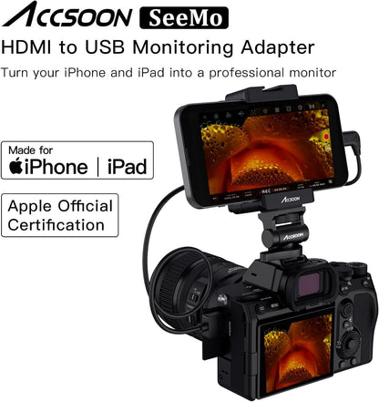 Accsoon SeeMo HDMI naar USB C Video Capture Adapter voor iPhone en, ondersteunt 1080P 60FPS Video & Real-time bewaking/streaming/opname meiOS 12.0 voor latere iPhone instelbaar-zwart