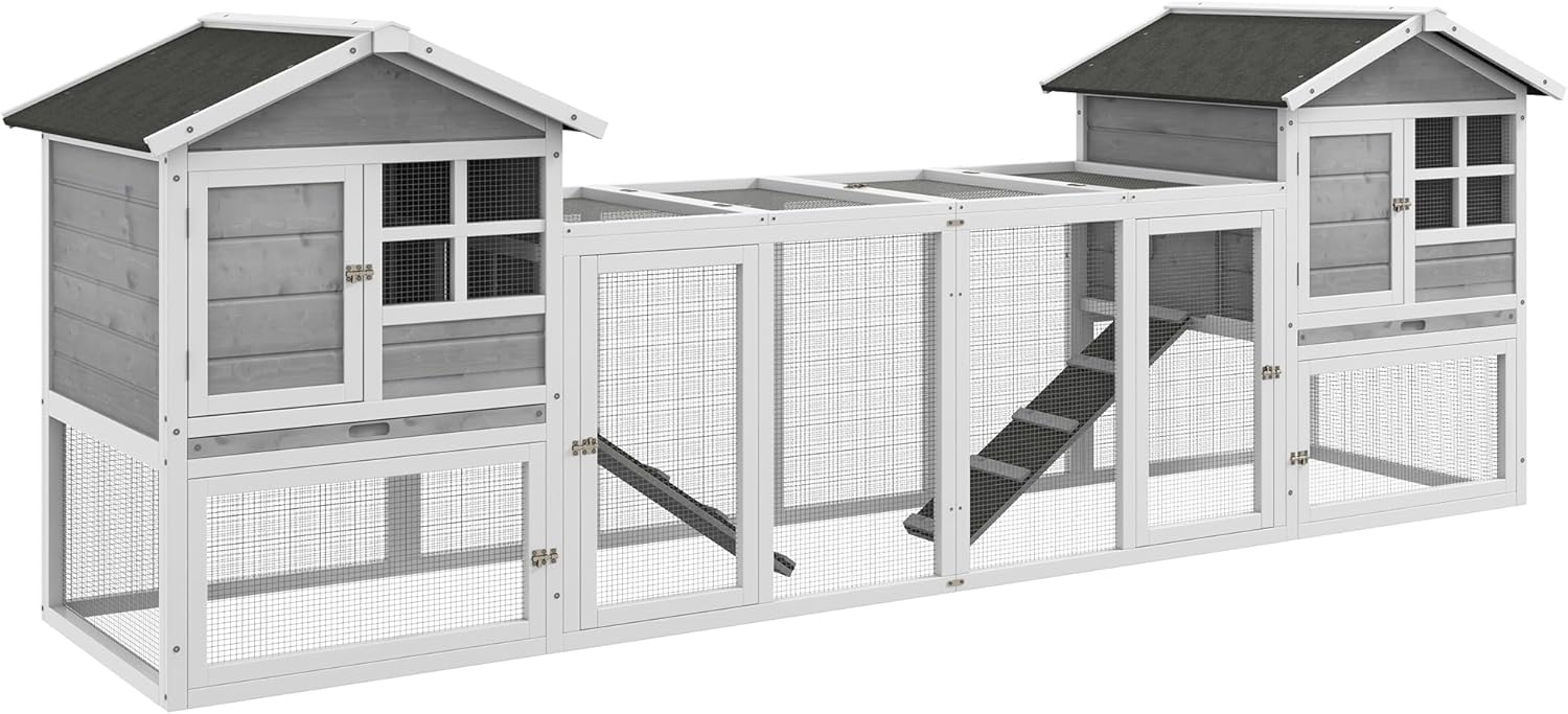 PawHut rabbit hutch combination rabbit hutch XXL hutch for guinea pigs with freewheel driveway two floors for 2-4 rabbits pine wood asphalt 260 x 64 x 92 cm - QUORE