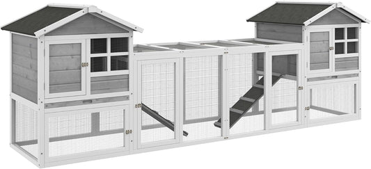 PawHut rabbit hutch combination rabbit hutch XXL hutch for guinea pigs with freewheel driveway two floors for 2-4 rabbits pine wood asphalt 260 x 64 x 92 cm - QUORE