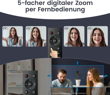 TONGVEO KI Automatische tracking 4K webcam met microfoons en luidsprekers, 5-voudige digitale zoom, ePTZ webcamera met afstandsbediening en twee microfoons, conferentie-webcam voor zoom, Skype, OBS