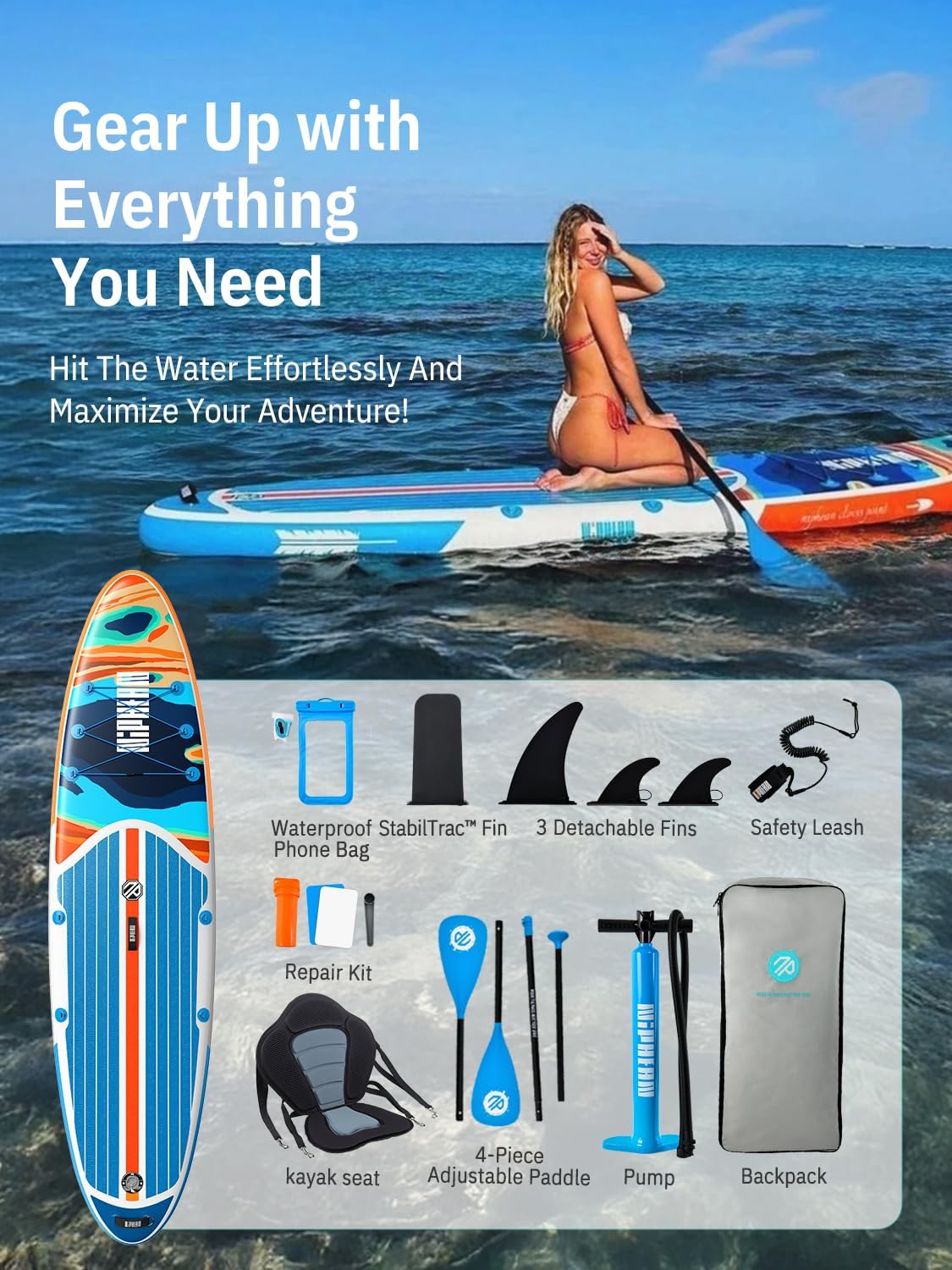 Niphean Opblaasbaar paddleboard voor volwassenen met alle accessoires, 320 cm stand-up paddleboard voor alle vaardigheidsniveaus, SUP met 200 kg gewichtscapaciteit voor 2 personen, opblaasbaar