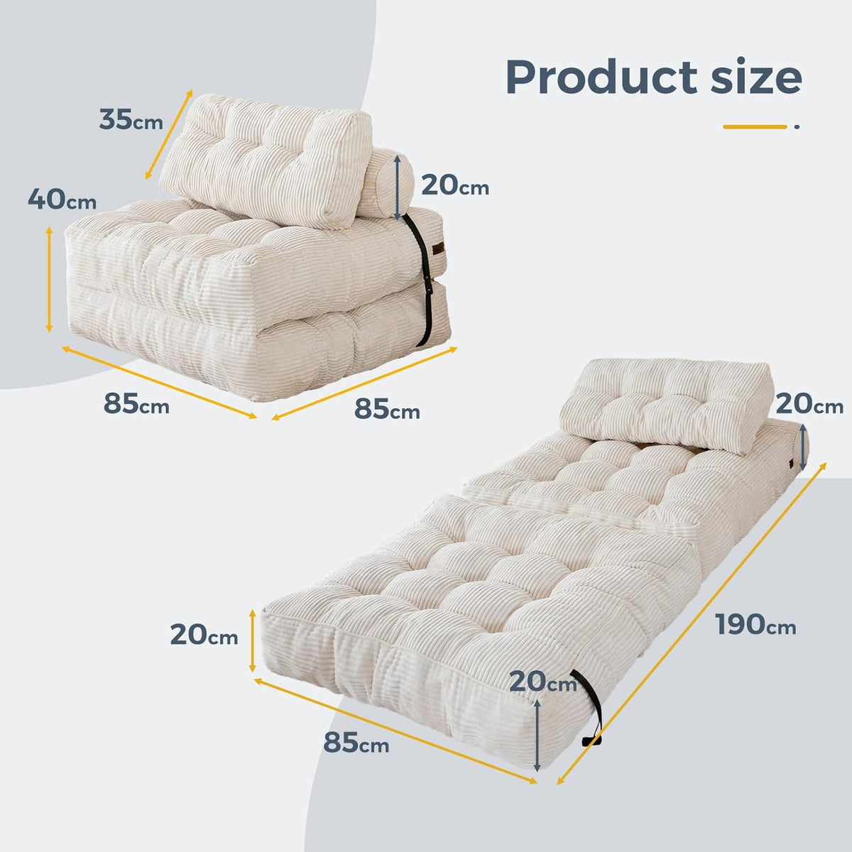 MAXYOYO Folding Sofa Bed, Convertible Sleeping Chair with Pillow, Mattress with Back Support, Portable Chair Bed, Comfortable Floor Sofa Lounge for Living Room, Bedroom, Beige