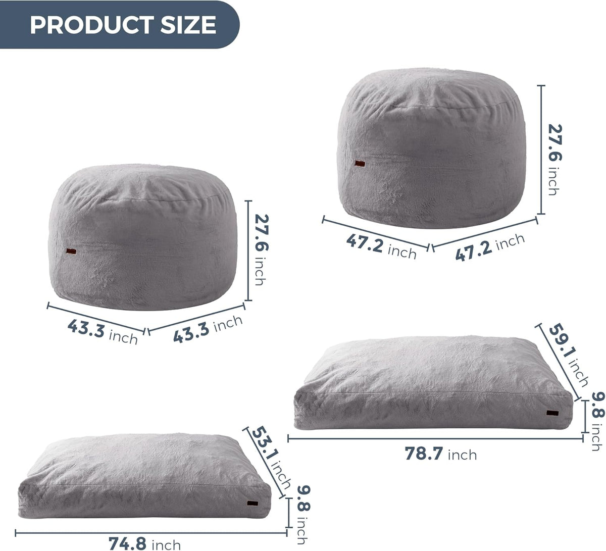 MAXYOYO Bean Bag Bed Convert from Bean Bag to Bed, Foam Bench with Shaggy Cover and Fluffy Filling for Adults, Teenagers and Guests, Grey, 150 x 200 cm