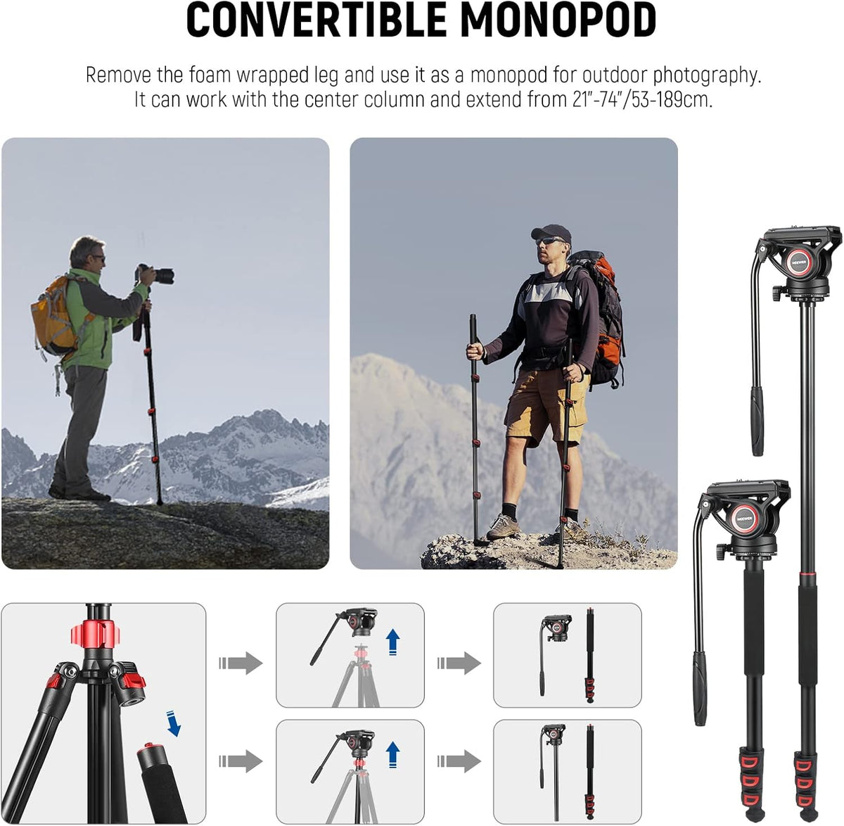 NEEWER 72 inch vloeiende kop video monopod, snelwisselplaat compatibel met DJI RS Gimbal Manfrotto, 360° draaibaar en +90°/-70° kanteling voor DSLR-camera, camcorder, maximale belasting 8 kg, TP72A