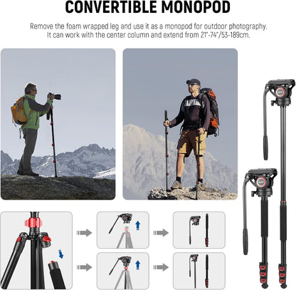 NEEWER 72 inch vloeiende kop video monopod, snelwisselplaat compatibel met DJI RS Gimbal Manfrotto, 360° draaibaar en +90°/-70° kanteling voor DSLR-camera, camcorder, maximale belasting 8 kg, TP72A
