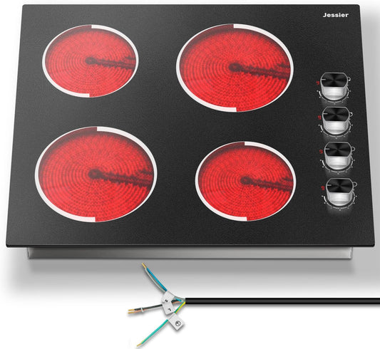 Keramische kookplaat met 4 pitten, 60 cm, 6000 W, inbouw, 220 V, vrijstaand, pauzefunctie, 9 vermogensstanden, draaiknoppen, timer, kinderslot.