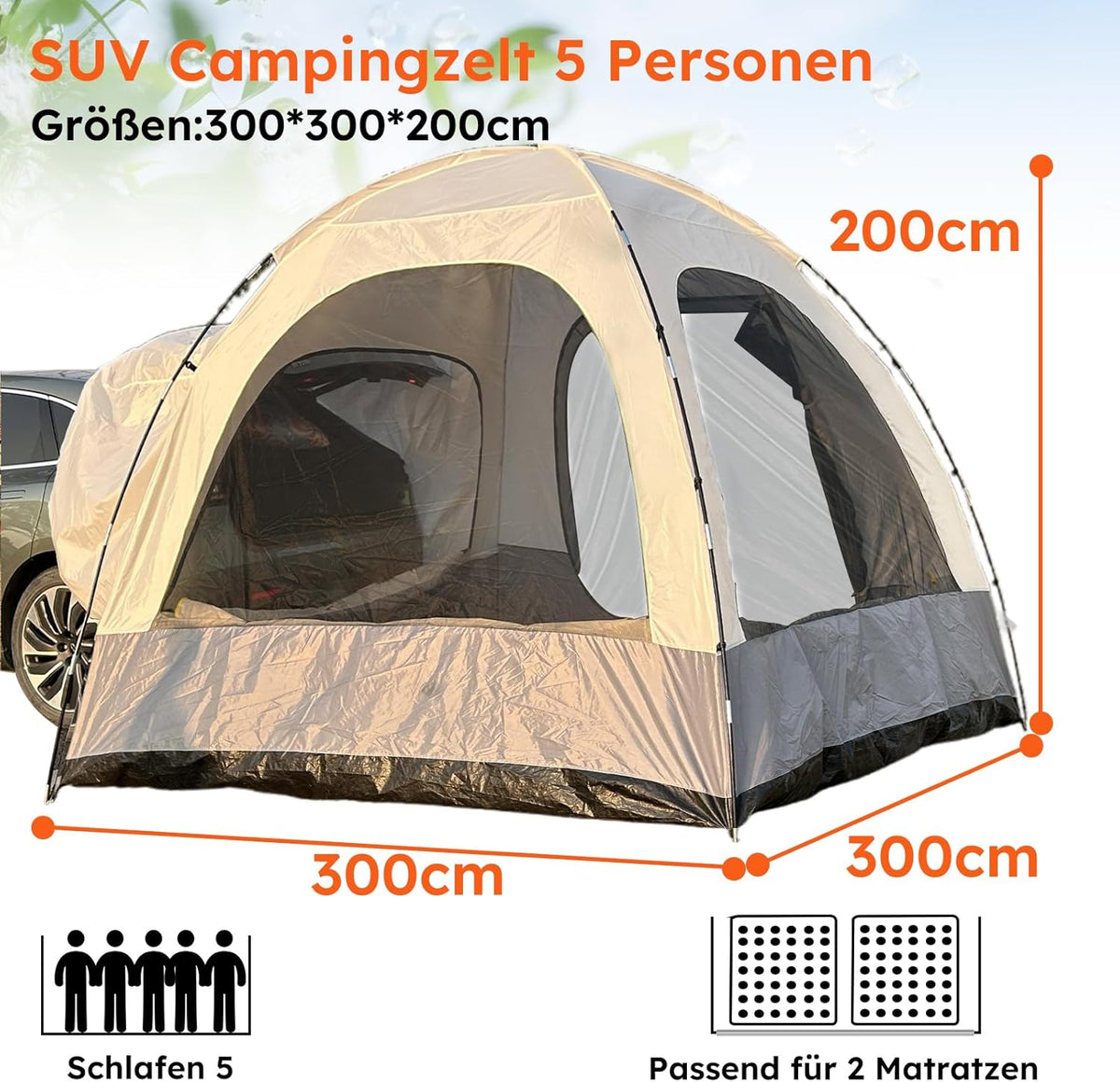 6-Persoons Auto Tent met Waterdicht Dak, Grote Autotent Voor SUV 300x300x220 cm, met 3000 mm waterkolom. Polyester Achtertent Voertuig, Perfect Voor Kamperen/Autoreizen/Festivals.