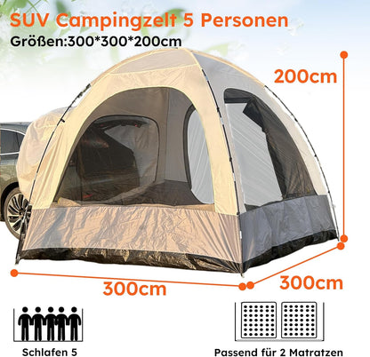 6-Persoons Auto Tent met Waterdicht Dak, Grote Autotent Voor SUV 300x300x220 cm, met 3000 mm waterkolom. Polyester Achtertent Voertuig, Perfect Voor Kamperen/Autoreizen/Festivals.