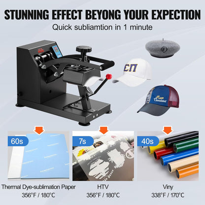 VEVOR Hoed Heat Press 5,5 x 3,5 inch Warmtepers Machine 600 W Professionele Hoed Warmtepers Machine voor Hoeden Caps Transfer Press Warmte met 12000 Uur Levensduur Digitale LCD-Timer en Temperatuurregeling