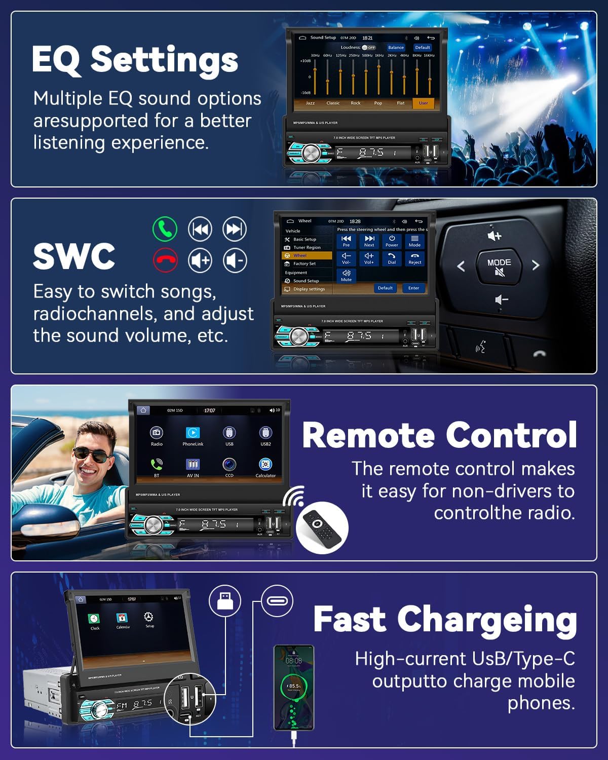 1-DIN Autoradio – Draadloze Radio – CarPlay Systeem – Android Auto Radio – Bluetooth Autoradio – Uittrekbaar 7" Touchscreen – Inclusief Achteruitrijcamera - QUORE