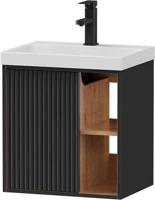 Wastafel met onderkast – Hangende wastafel – Kleine wastafel met kraan – Wastafelonderkast hangend – Badkamermeubel – Compact 50 cm – Zwart – Ruimtebesparend ontwerp – Vochtbestendig materiaal