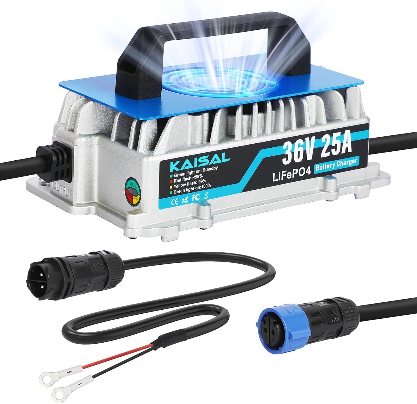 LiFePO4 Acculader – Lithium Batterijlader – Accu Oplader – 36V Oplader – Golfkar Acculader – 25A Snel Opladen – IP67 Waterdichte Aluminium Behuizing
