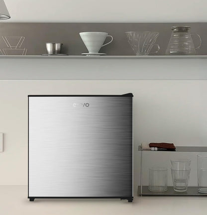 EVVO F22X Mini-koelkast, 46 l, roestvrij staal, energiebesparend, 80 kWh/jaar, 41 dB, compacte koelkast voor kantoor, slaapkamer en studio, stille mini-koelkast in modern design