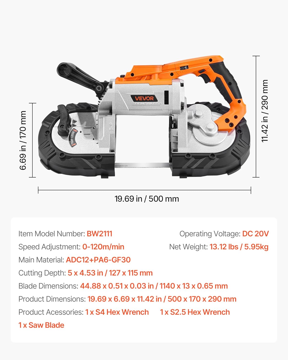 VEVOR Portable Band Saw, 20 V, 127 mm Deep Cut, 360 W with Brushless Motor, Portable and Compact, Wireless, Hook for Hanging, Variable Speed, Nude Tool Only