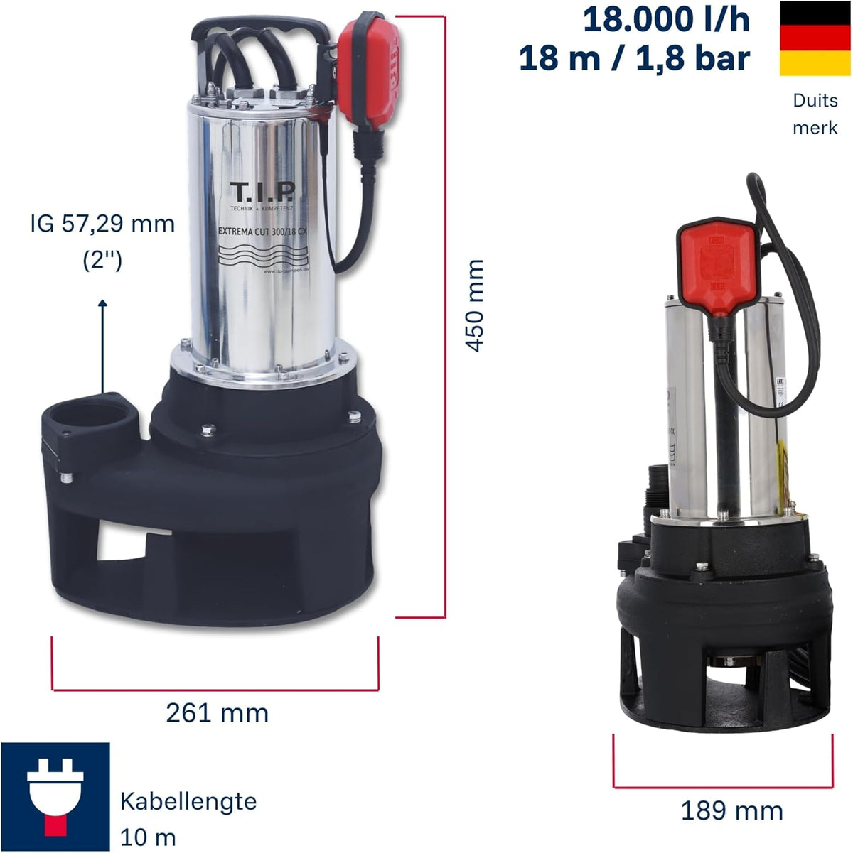 T.I.P. Extrema CUT 300/18 CX 30277 Vuilwaterpomp, met Reamer Grinding versnijdingspomp, debiet van 18.000 l/u, gietijzeren pompbehuizing, vloeistoffen tot 50 °C, ca. 4 min. tot 90 °C mogelijk