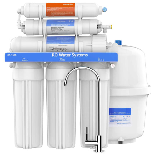 6-traps omgekeerde osmose drinkwaterfiltersysteem met alkalisch pH-filter, wateronthardingsinstallatie met grote doorstroming voor thuisgebruik, aquarium (Ro-150)