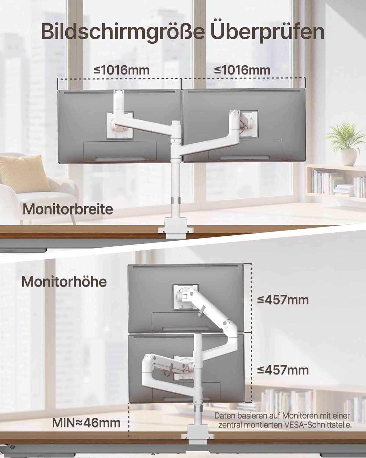 monTEK Dubbele Ultrawide Monitorarm voor 17-57 Inch Schermen tot 27 kg, Aluminium Zware Gasveer Verticale Stapelbare Gebogen Scherm Verstelbare Monitorstandaard, 75/100mm Vesa-bevestiging, Wit