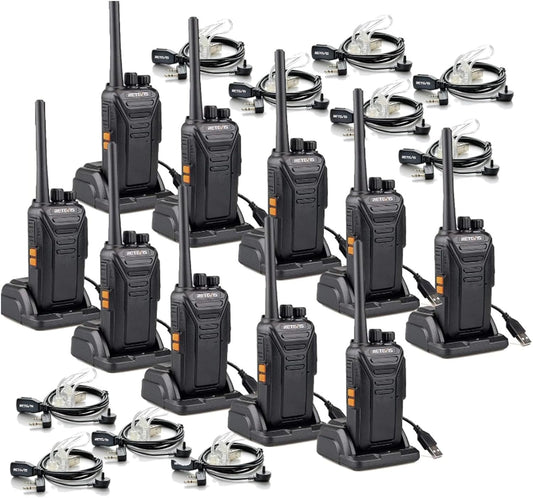 Retevis RT27 Portofoons met Headset PMR446 Vergunningsvrije 16 Kanalen CTCSS/DCS VOX Scan Monitor Noodoproep Professionele Walkie Talkie met Headset en USB-laadstation (10 Stuks, Zwart)
