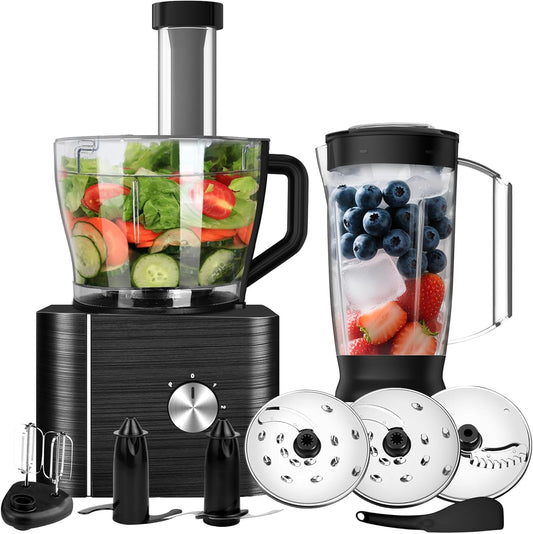 TopStrong Keukenmachine, 1100 W food processor, 3,2 l kom en 1,5 l container, multifunctioneel met hakken, snijden, kneden, sap, 3 snelheden en pulsfunctie, zwart