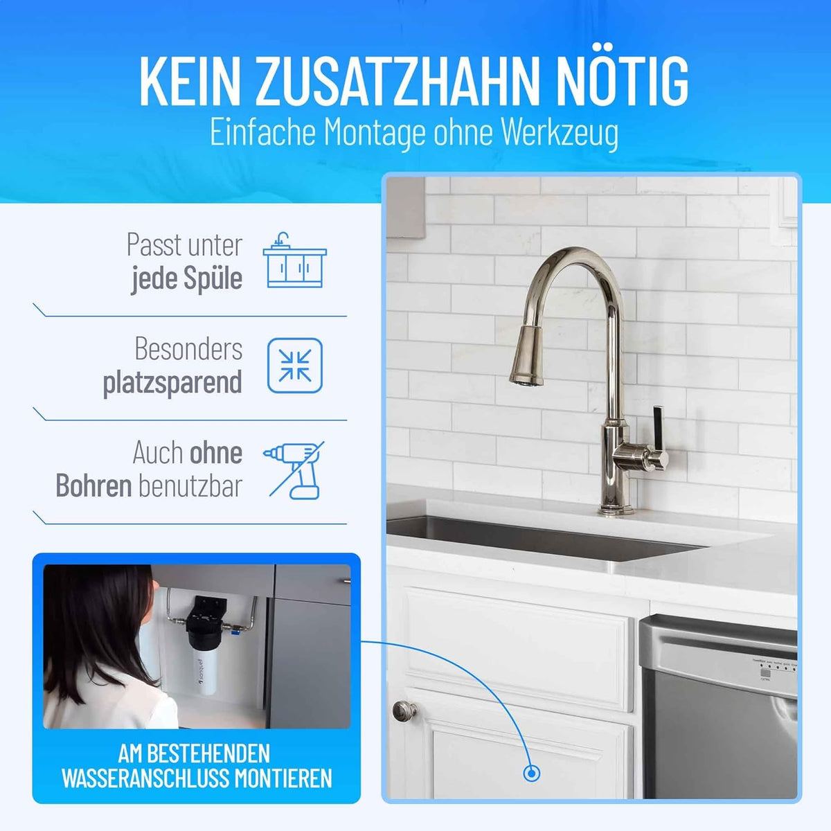 Premium waterfilter voor ondertafel – Onderbouw waterfilter, waterfilterbehuizing, ondergootsteen filter, waterfiltersysteem – 8 liter/minuut – Filtert 100+ stoffen