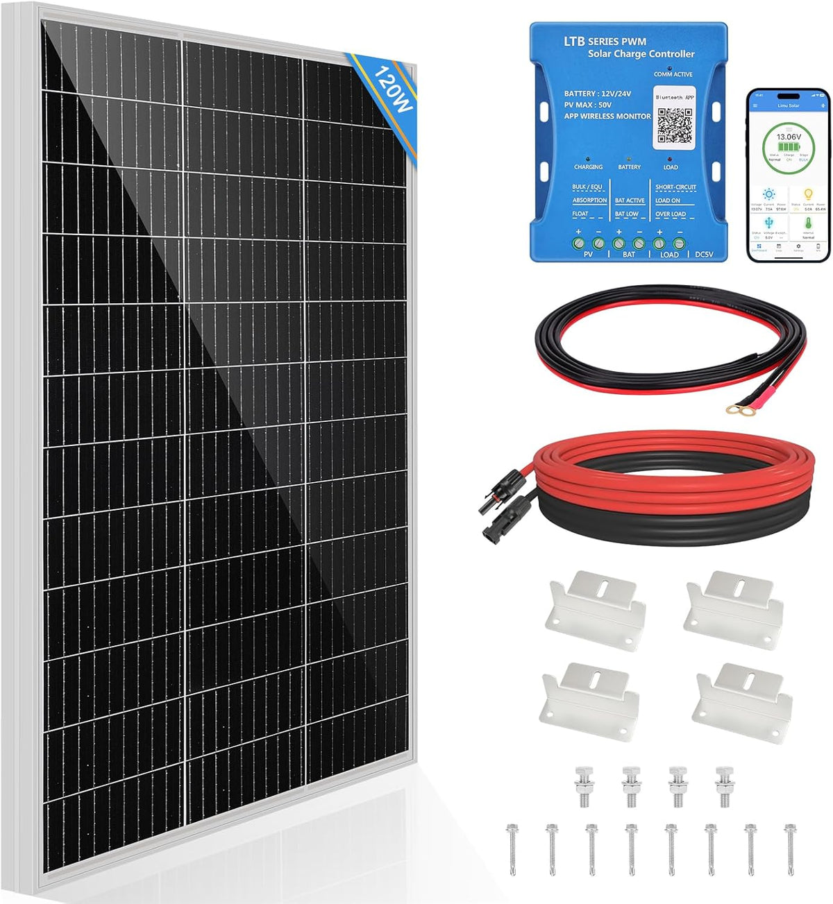 Monokristallijn Zonnepaneel-Kit, 120W, 12V Zonnepaneel, 120 Watt, bevat 20A Bluetooth Zonne-Laadregelaar + 5M Zonnekabel + Z-brackets voor Camper, Boot, Caravan, Huishouden