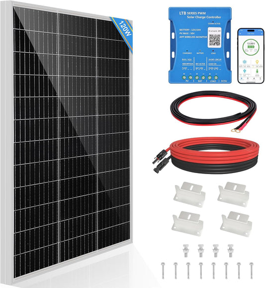 Monokristallijn Zonnepaneel-Kit, 120W, 12V Zonnepaneel, 120 Watt, bevat 20A Bluetooth Zonne-Laadregelaar + 5M Zonnekabel + Z-brackets voor Camper, Boot, Caravan, Huishouden