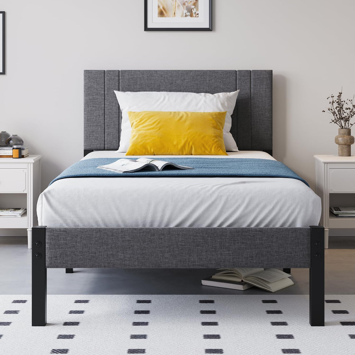DUMEE Bedframe voor eenpersoonsbed, van metaal met hoofdeinde en plank, 0,9 m, gevoerd metalen frame met verbeterde ondersteuning, geen veren, geen lawaai, eenvoudige montage, grijs