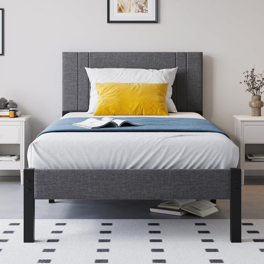 DUMEE Bedframe voor eenpersoonsbed, van metaal met hoofdeinde en plank, 0,9 m, gevoerd metalen frame met verbeterde ondersteuning, geen veren, geen lawaai, eenvoudige montage, grijs