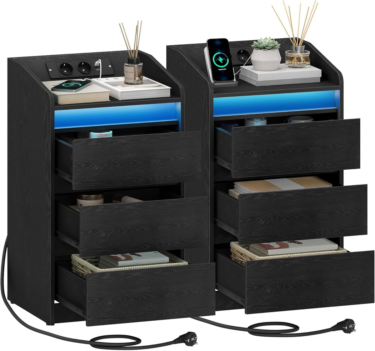 Hzuaneri Bedside Table Set of 2 with 3 Drawers, Side Table with Charging Base and LED, 2 AC Outlets and 2 USB Ports for Bedroom, Living Room, Black NS40104X