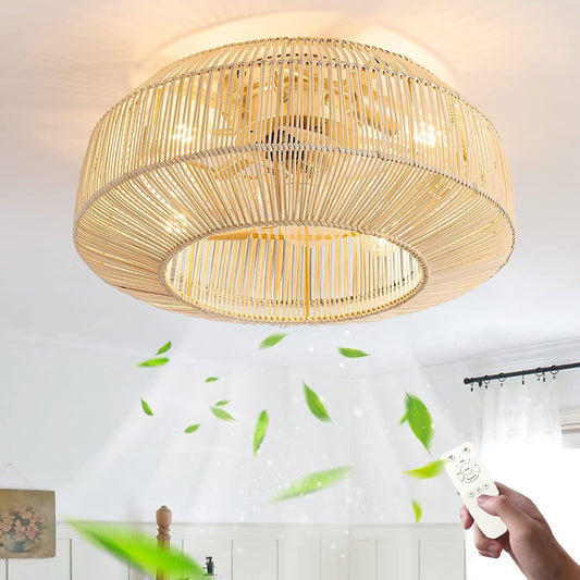 E27 Plafondventilator met Licht en Afstandsbediening Retro Stille Ventilator Plafondlamp Vintage Rotan Bamboe Slaapkamerlamp Industriële fan Plafondverlichting voor Woonkamer Eetkamer Ventilatorlicht