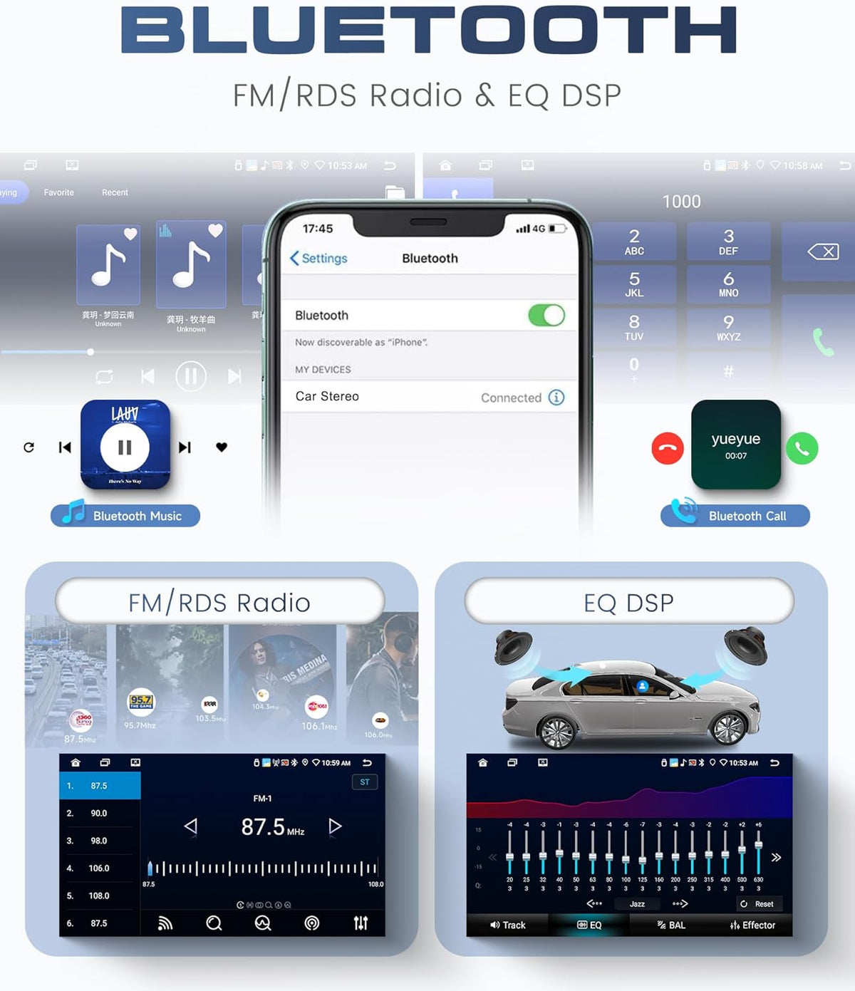 Autoradio, 6G + 128G, 8 Core, Android, 2 Din, 9 inch touchscreen met Carplay Android auto, draadloos, Bluetooth FM/RDS/EQ/DSP, wifi, GPS, 360° panoramisch zicht, stuurbediening, achteruitrijcamera