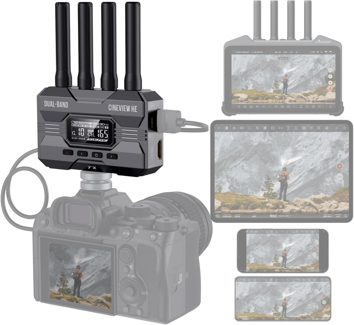 Accsoon - CineView HE - Zender - HDMI - 1080p 23.98/24/25/29.97/30/50/59.94/60fps - Latentie <0.06s - Transmissiebereik 365,8 m